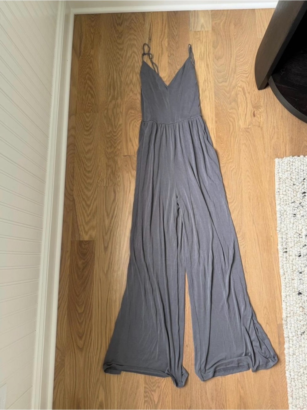 American Eagle Outfitters Charcoal Wide-Leg Spaghetti-Strap Jumpsuit